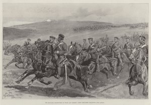 Las maniobras militares en Wilts y Dorset, artillería del cuerpo galopando hacia la acción